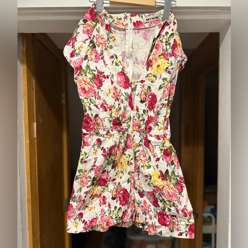 Floral Romper with Pink and Yellow Flowers sexy v neck cap sleeve